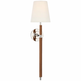 Bryant Wrapped LED Wall Sconce Polished Nickel and Natural Leather Elegant Wall Lights clearance
