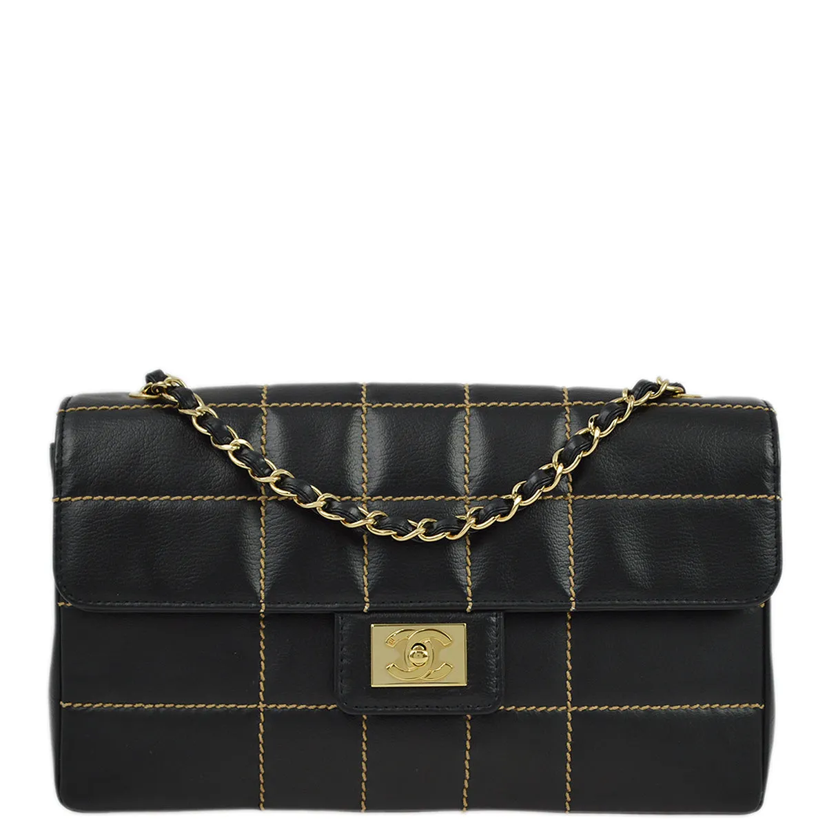Chanel 2001-2003 Black Calfskin Wild Stitch Choco Bar Single Flap Shoulder Bag