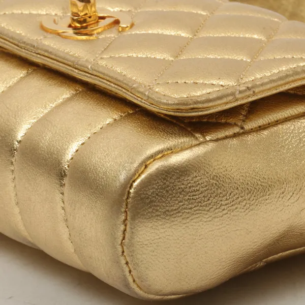 Chanel Around 1990 Made Design Stitchturn-Lock Shoulder Bag Gold