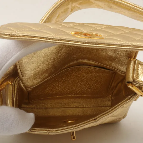 Chanel Around 1990 Made Design Stitchturn-Lock Shoulder Bag Gold