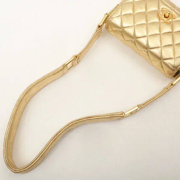 Chanel Around 1990 Made Design Stitchturn-Lock Shoulder Bag Gold