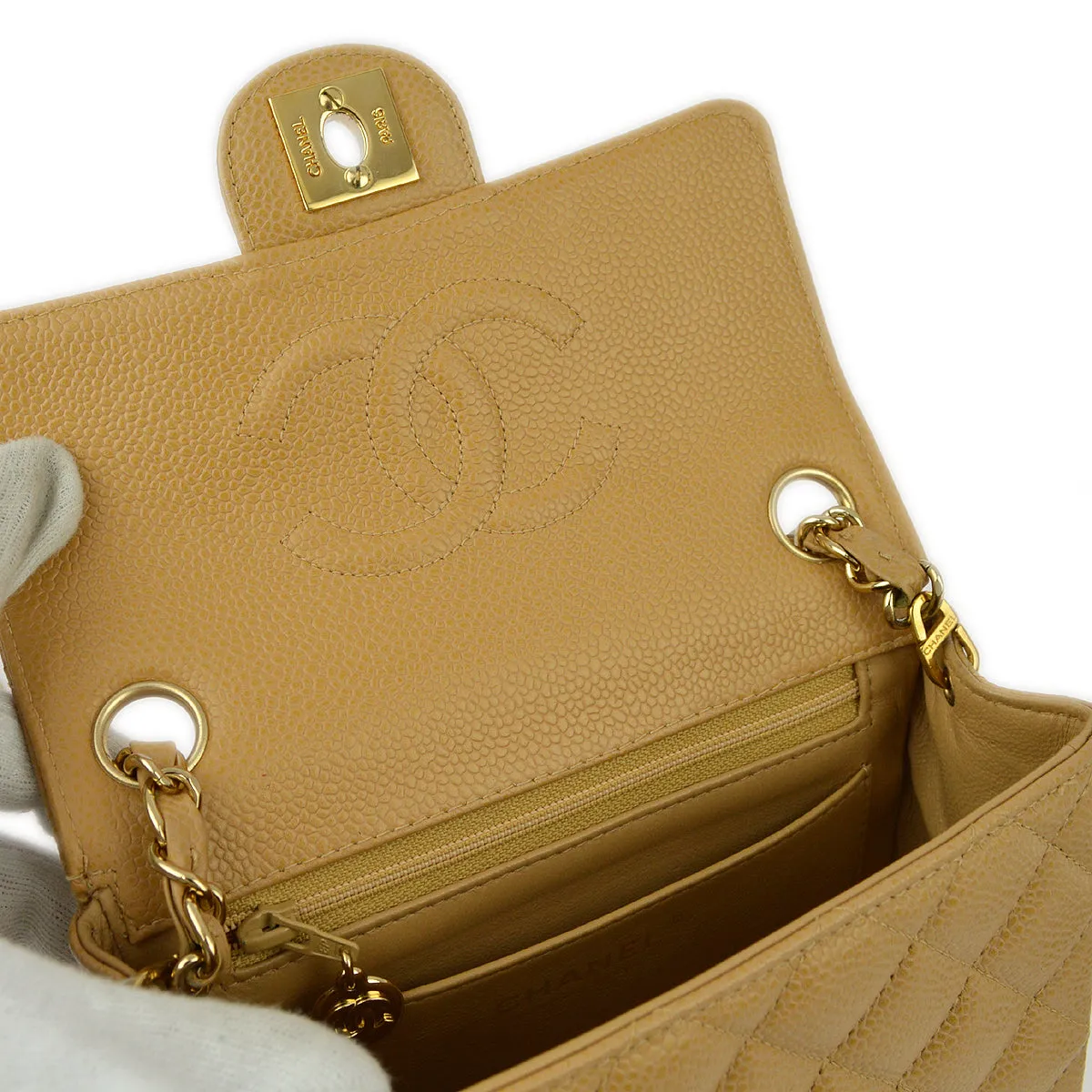 Chanel Beige Caviar Mini Classic Square Flap Shoulder Bag 17