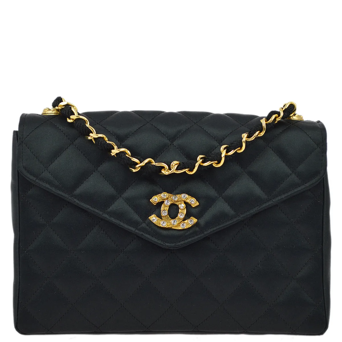 Chanel Black Satin Rhinestone Chain Shoulder Bag