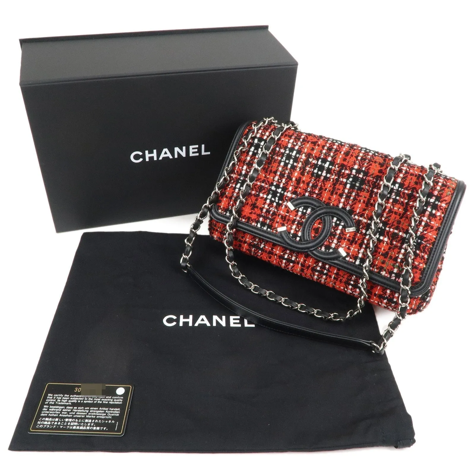 CHANEL CC Filigree Tweed Leather Shoulder Bag Red Black A93340