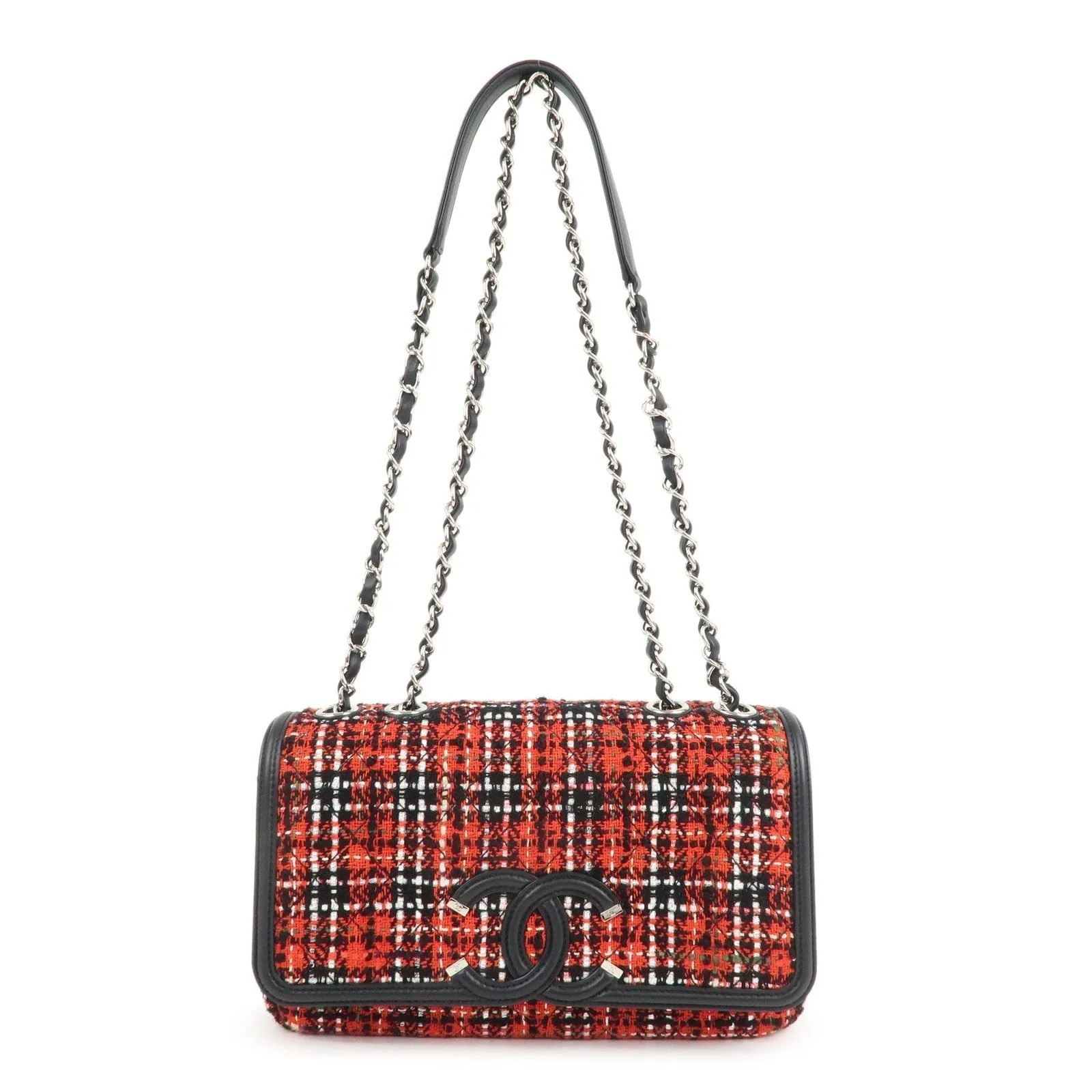 CHANEL CC Filigree Tweed Leather Shoulder Bag Red Black A93340