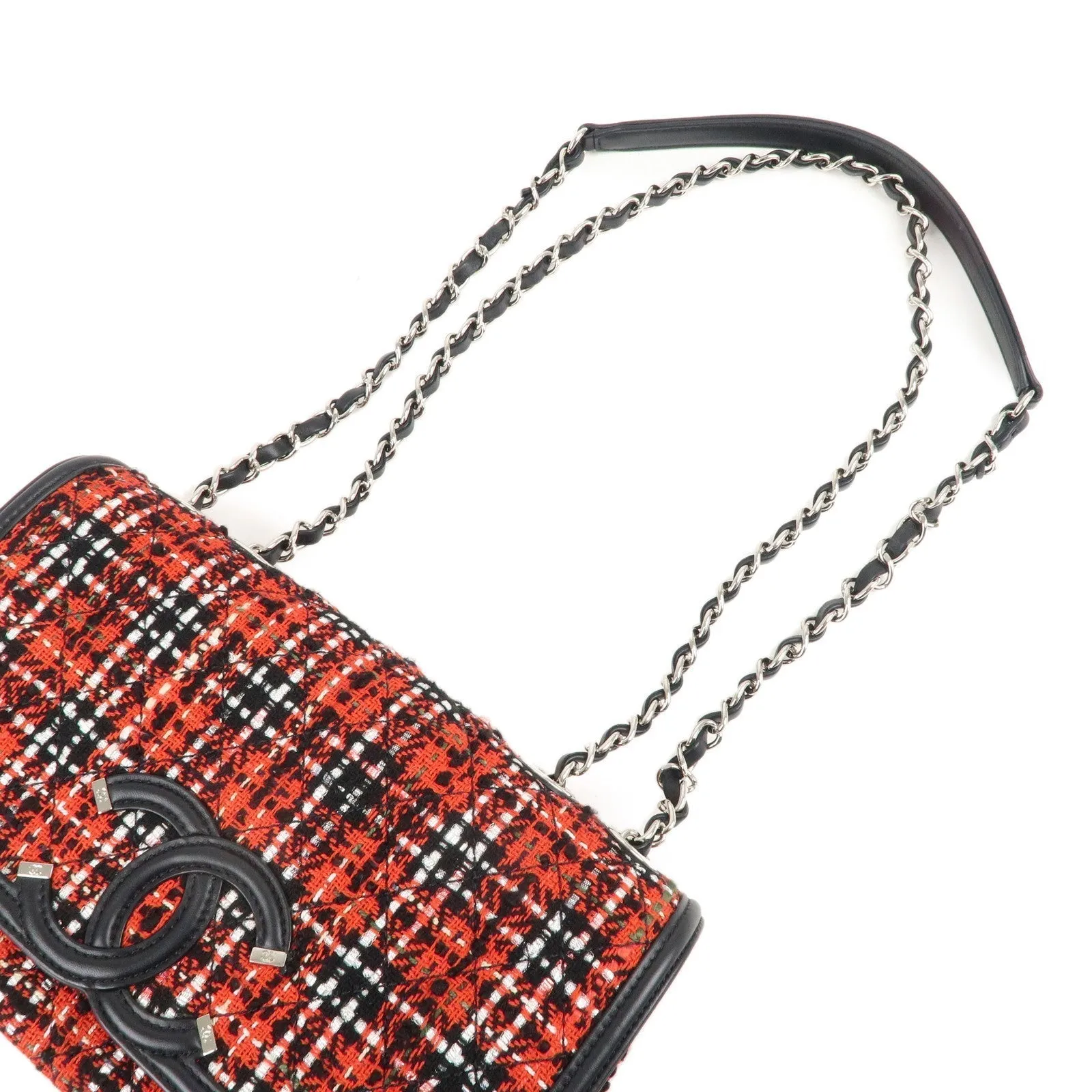 CHANEL CC Filigree Tweed Leather Shoulder Bag Red Black A93340
