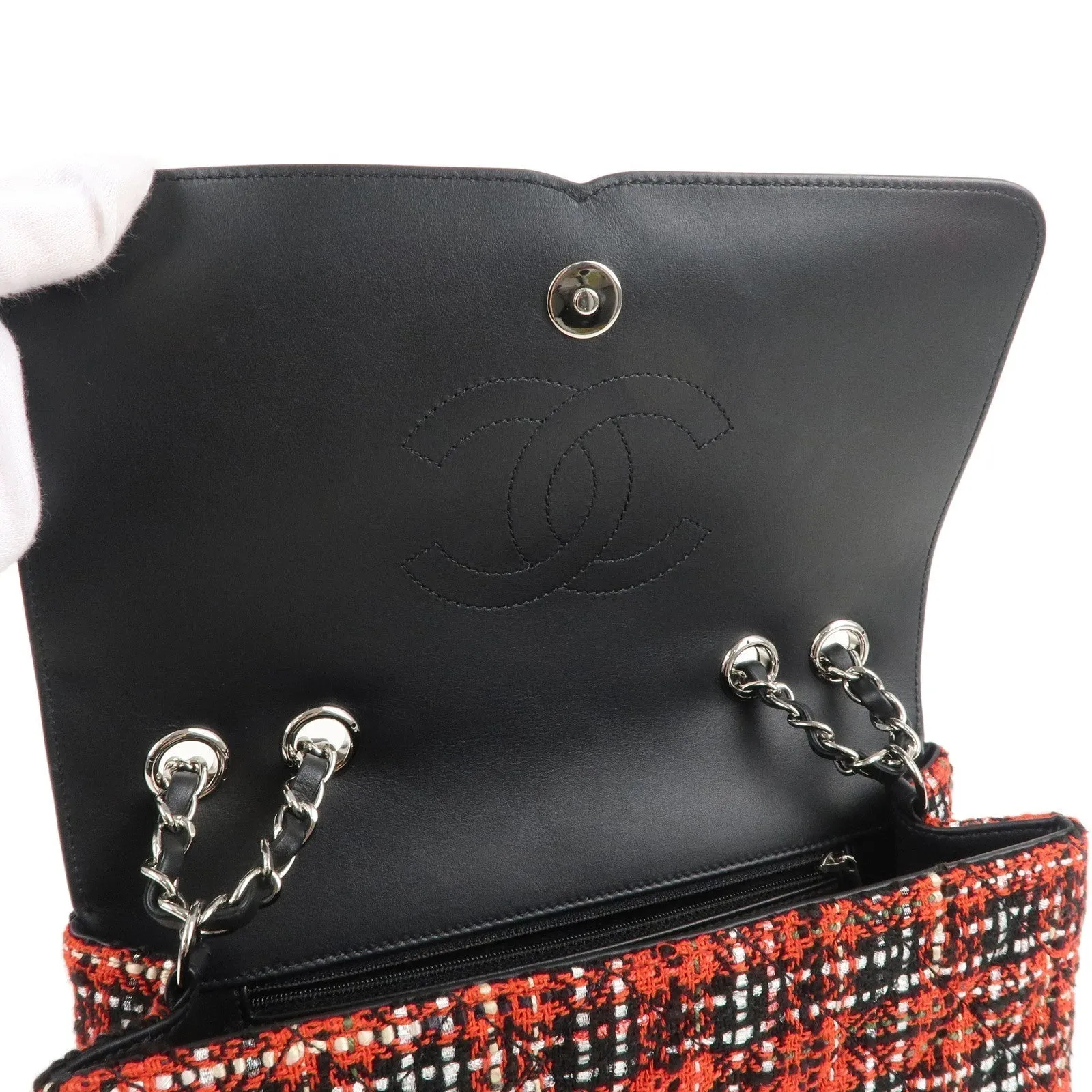 CHANEL CC Filigree Tweed Leather Shoulder Bag Red Black A93340