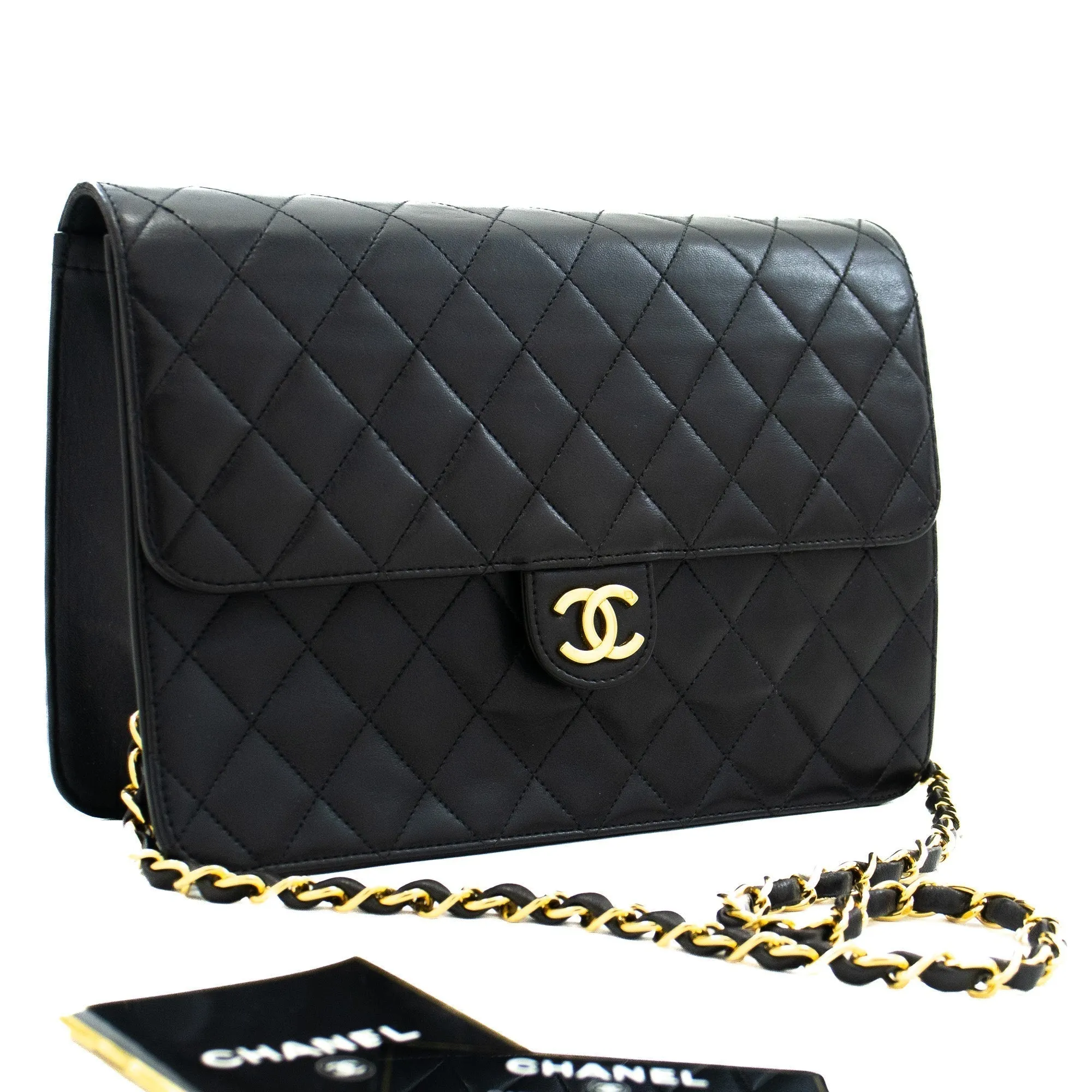 CHANEL Chain Shoulder Bag Clutch Black Quilted Flap Lambskin Purse j78