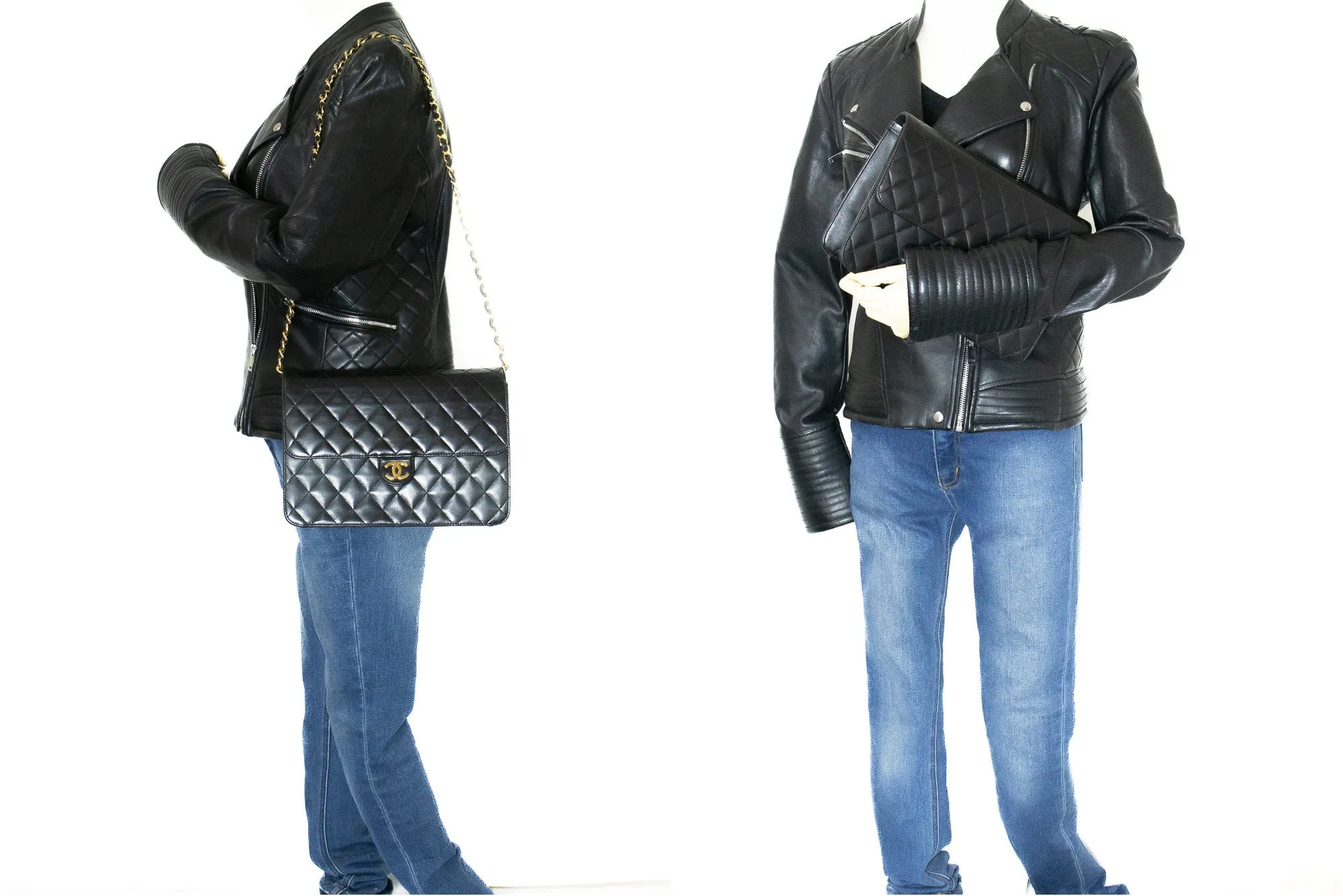 CHANEL Chain Shoulder Bag Clutch Black Quilted Flap Lambskin Purse j78