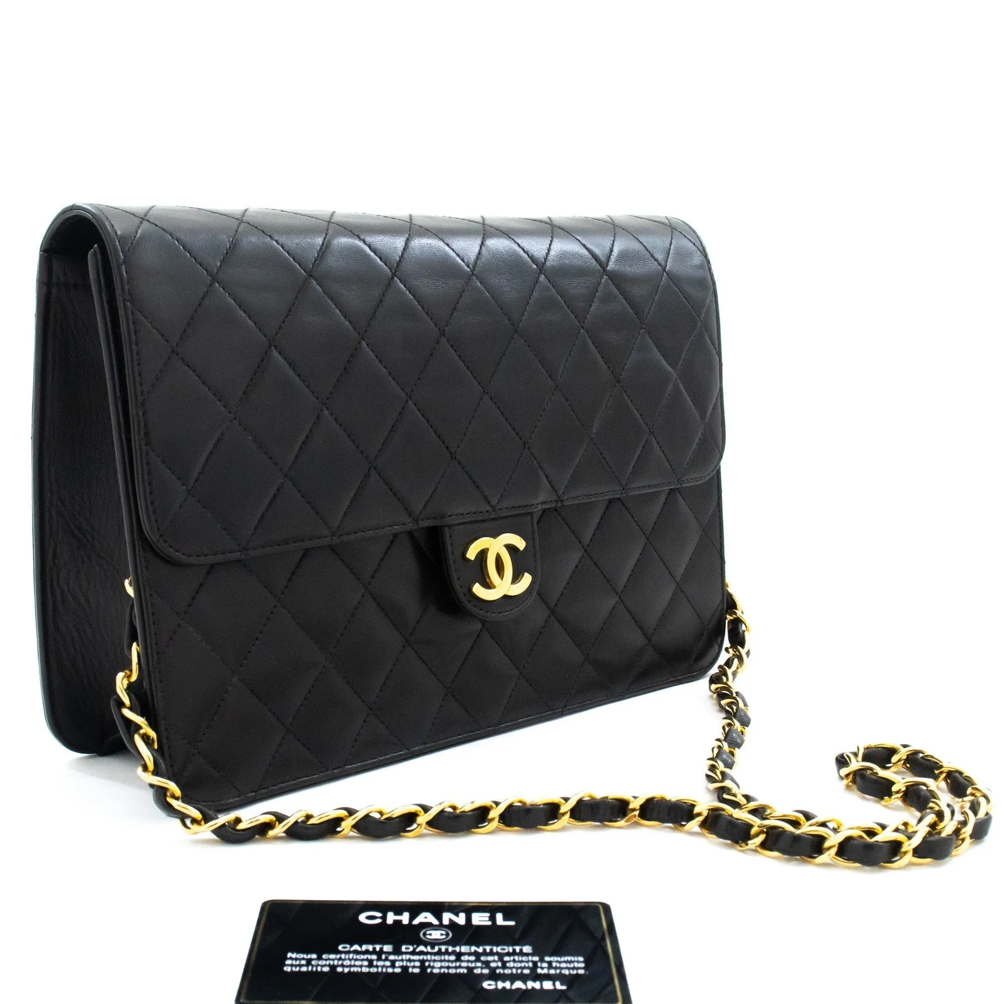 CHANEL Chain Shoulder Bag Clutch Black Quilted Flap Lambskin Purse j98