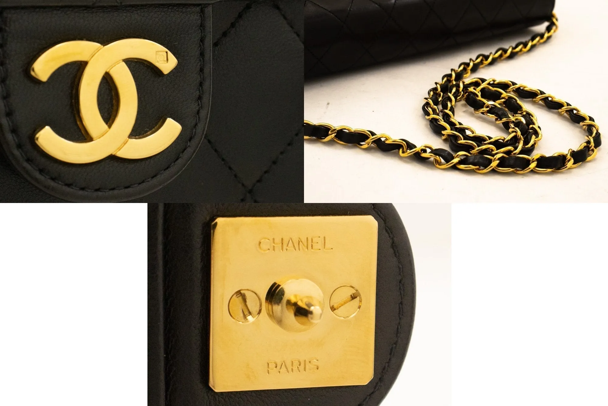 CHANEL Chain Shoulder Bag Clutch Black Quilted Flap Lambskin Purse j98