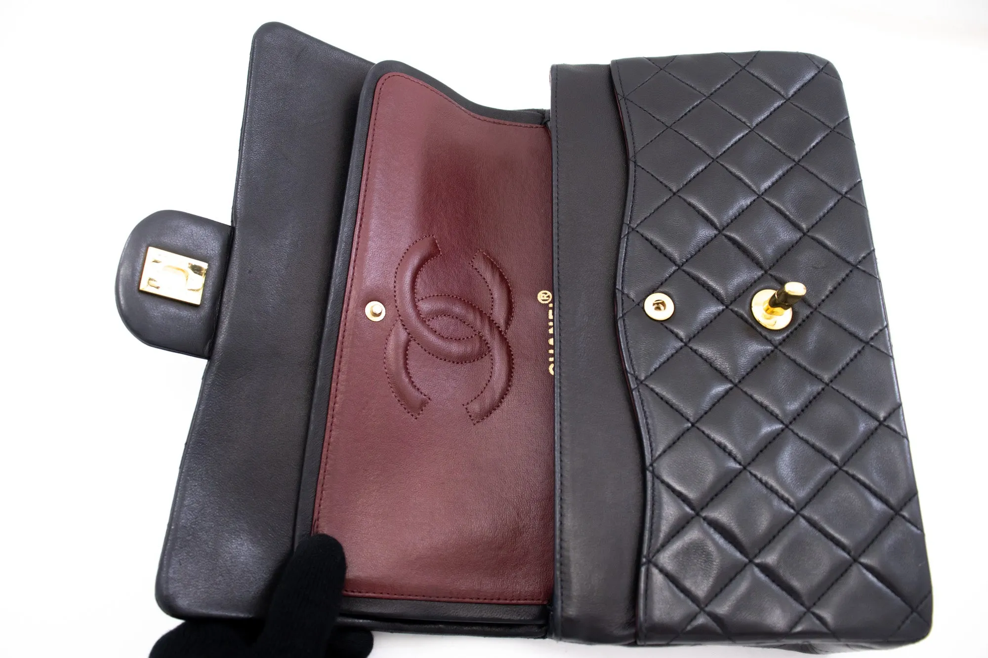 CHANEL Classic Double Flap 10" Chain Shoulder Bag Black Lambskin k76