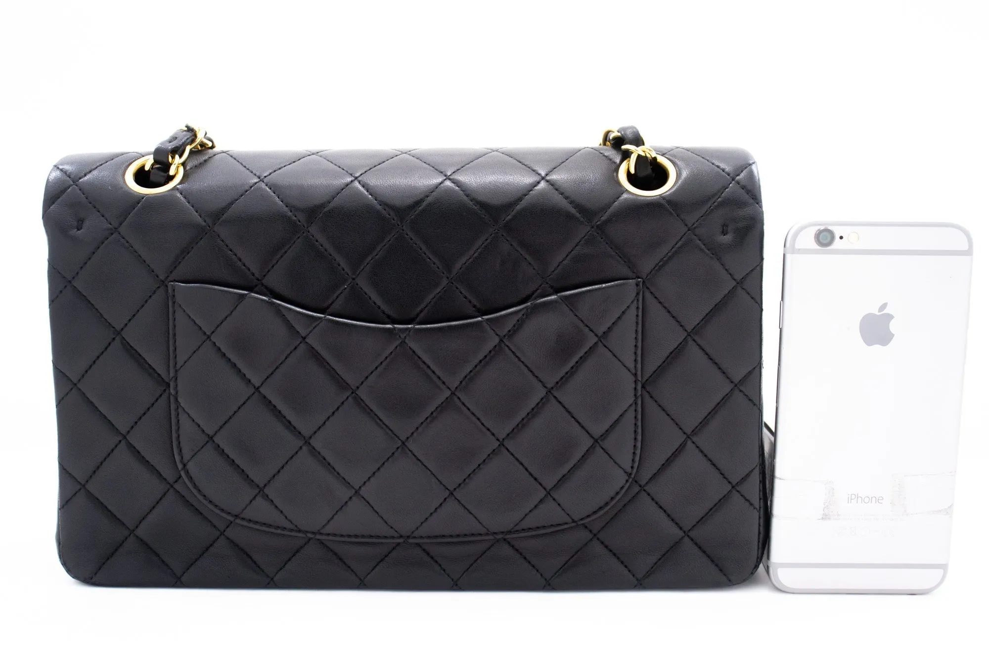 CHANEL Classic Double Flap 10" Chain Shoulder Bag Black Lambskin k76