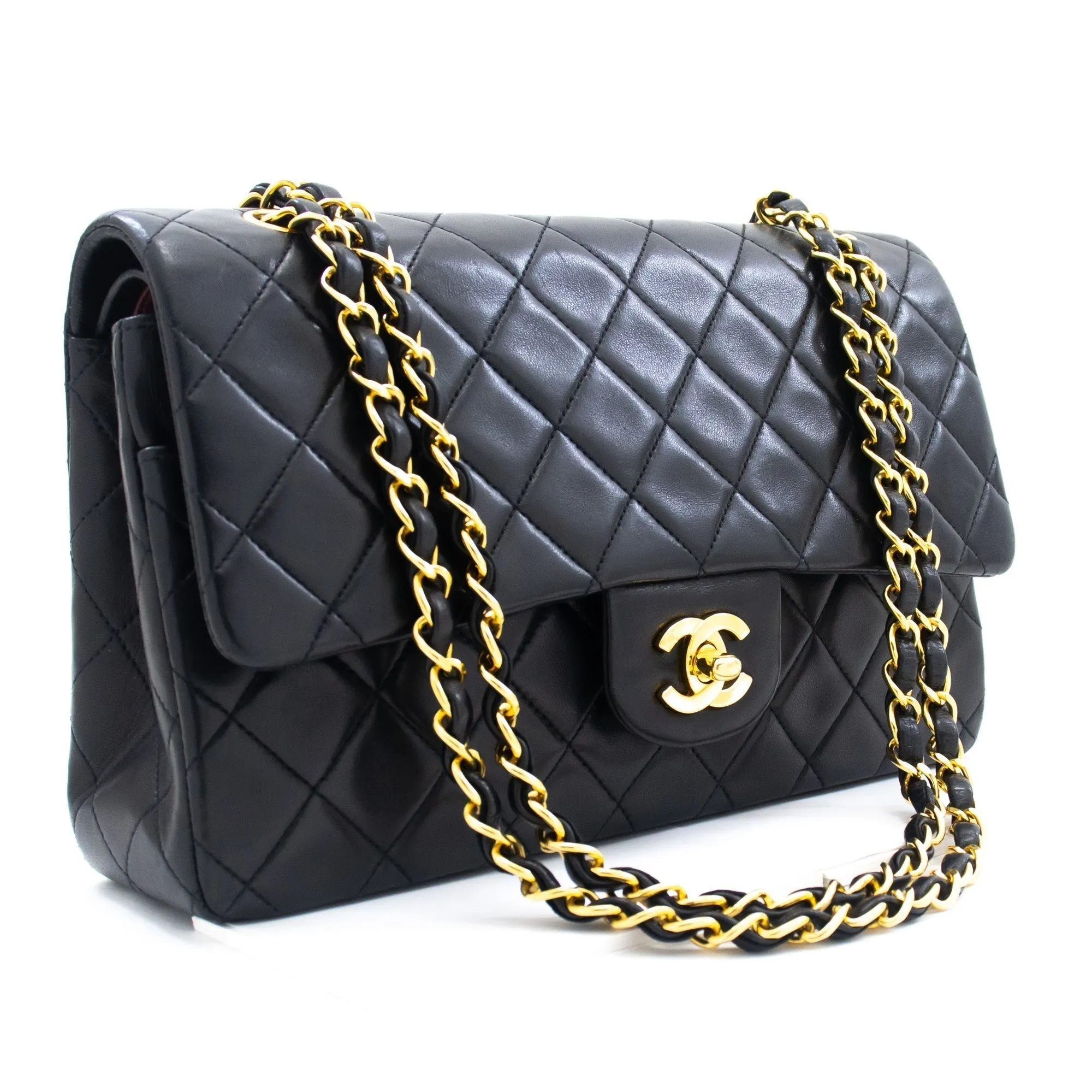 CHANEL Classic Double Flap 10" Chain Shoulder Bag Black Lambskin k76