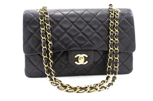 CHANEL Classic Double Flap 10" Chain Shoulder Bag Black Lambskin k76