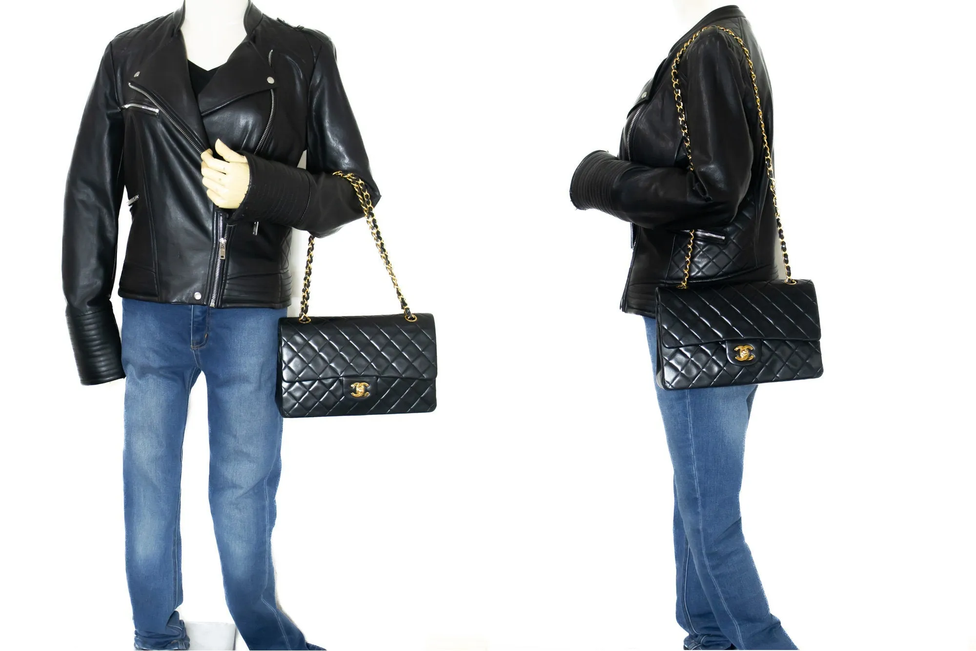 CHANEL Classic Double Flap 10" Chain Shoulder Bag Black Lambskin k76