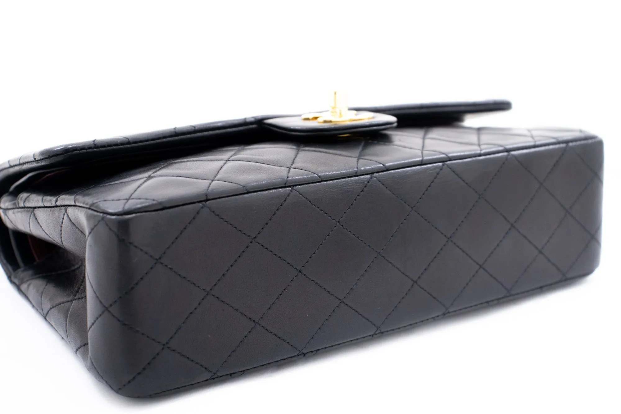 CHANEL Classic Double Flap 10" Chain Shoulder Bag Black Lambskin k76