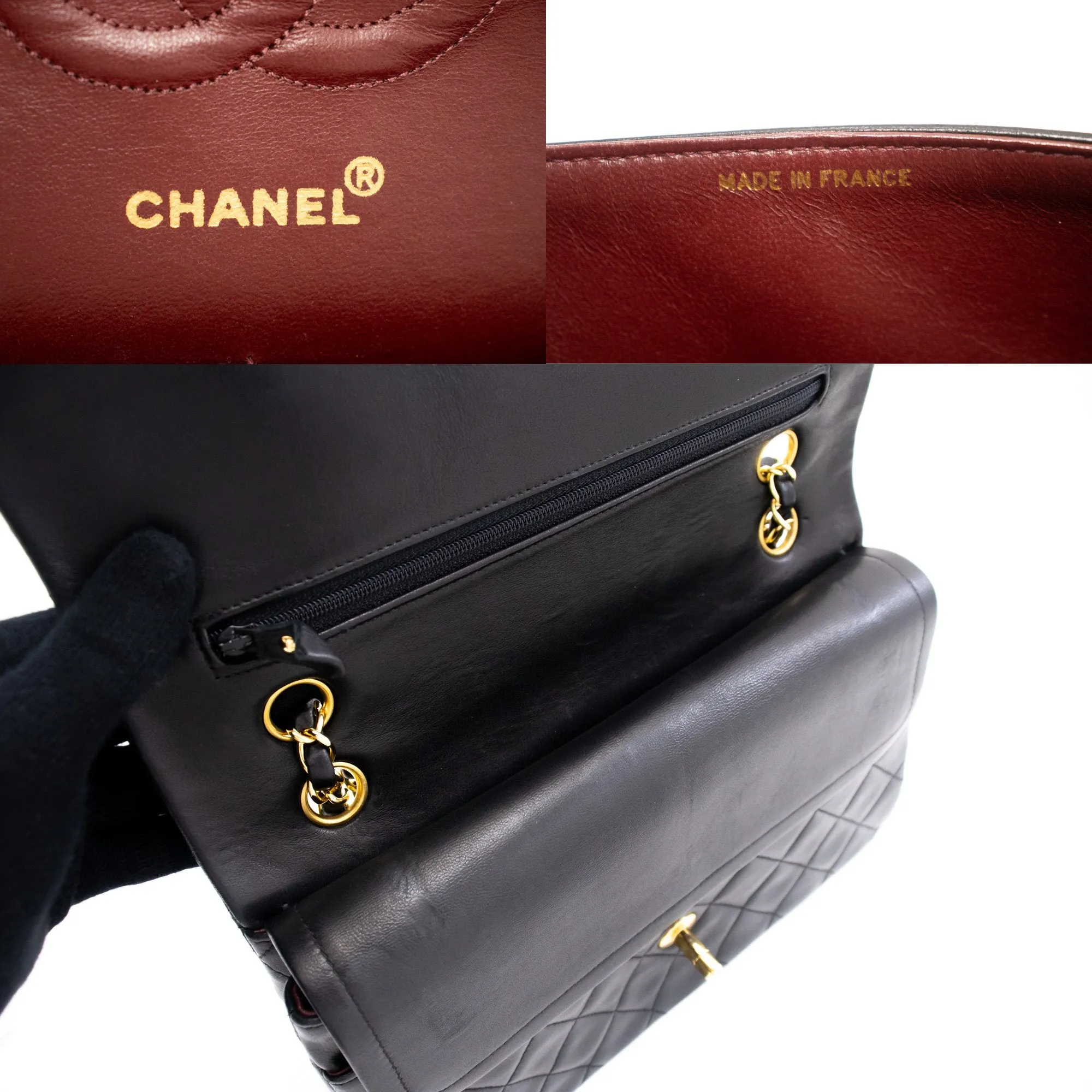 CHANEL Classic Double Flap 10" Chain Shoulder Bag Black Lambskin k76