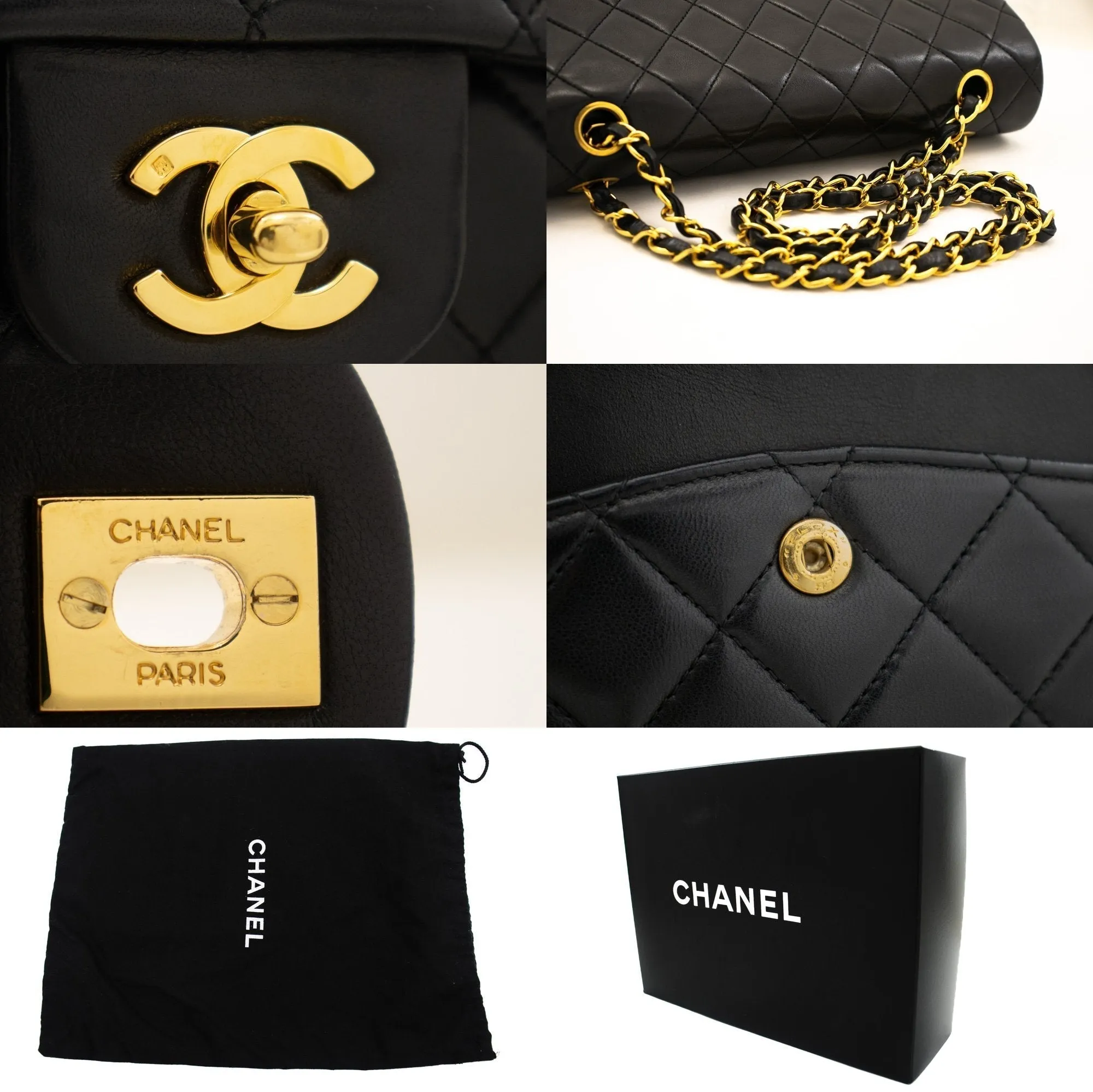 CHANEL Classic Double Flap 10" Chain Shoulder Bag Black Lambskin k76