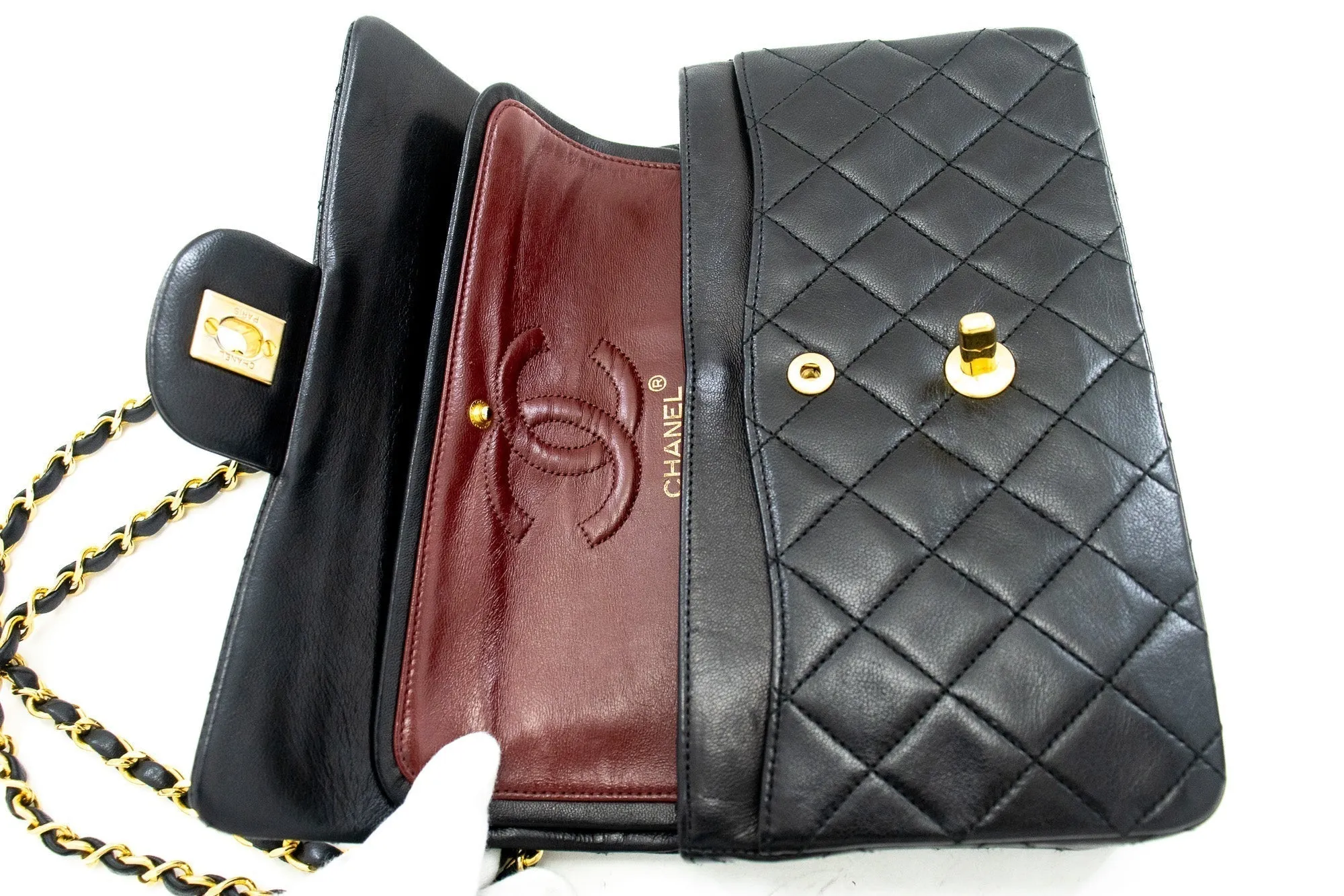 CHANEL Classic Double Flap 9" Chain Shoulder Bag Black Lambskin k10