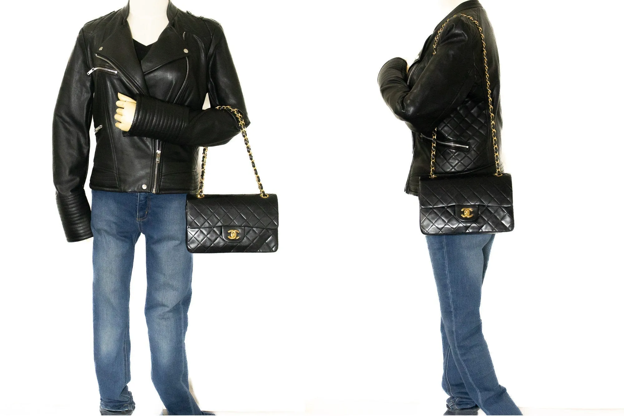 CHANEL Classic Double Flap 9" Chain Shoulder Bag Black Lambskin k10