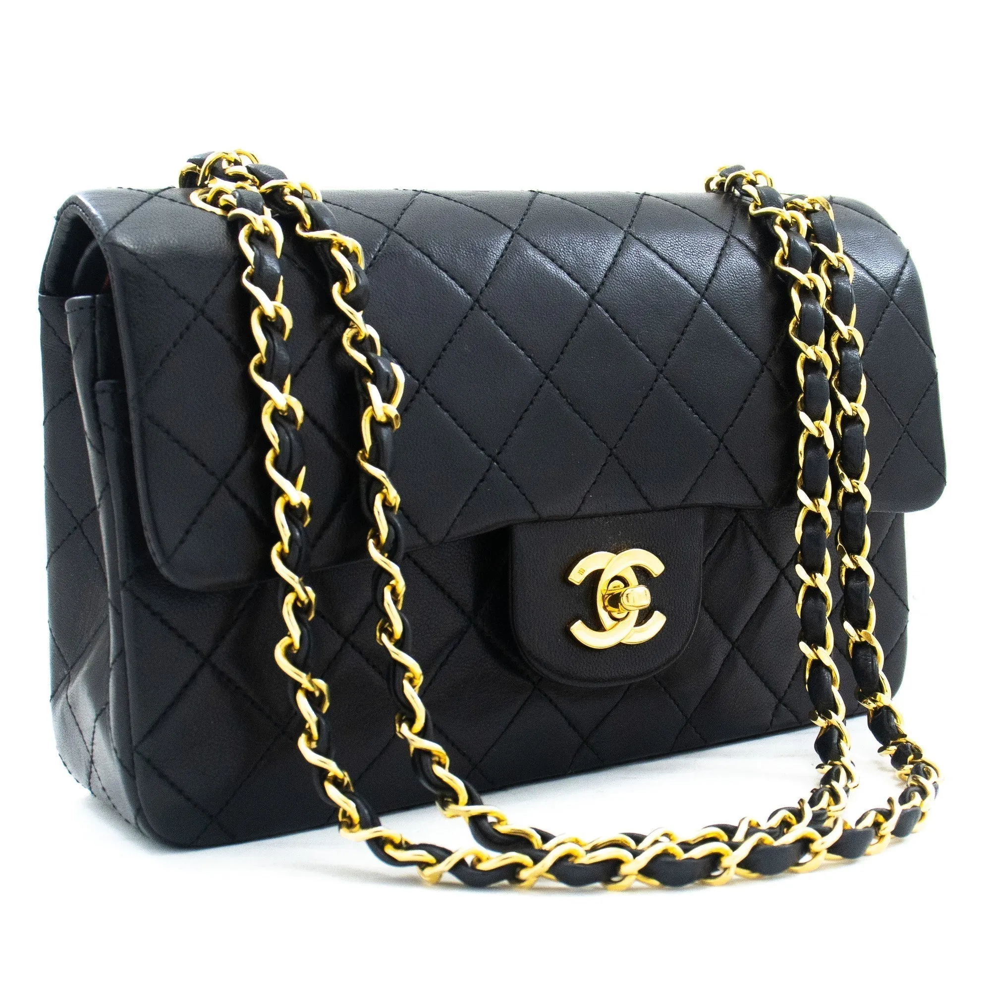 CHANEL Classic Double Flap 9" Chain Shoulder Bag Black Lambskin k10
