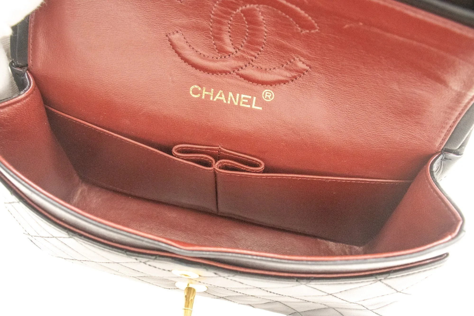 CHANEL Classic Double Flap 9" Chain Shoulder Bag Black Lambskin k10