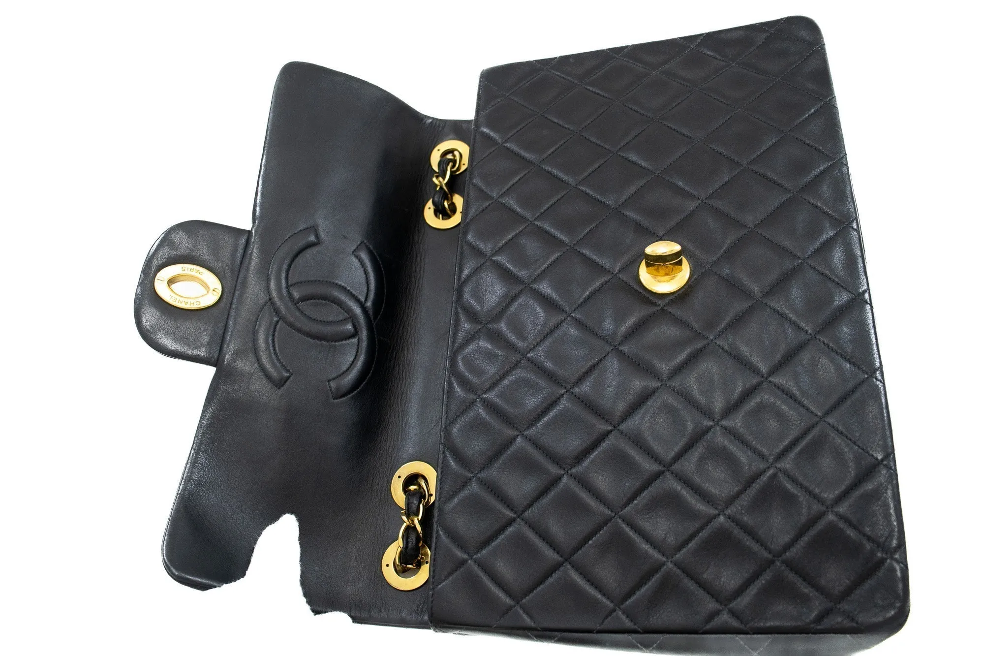 CHANEL Classic Large 13" Flap Chain Shoulder Bag Black Lambskin j71