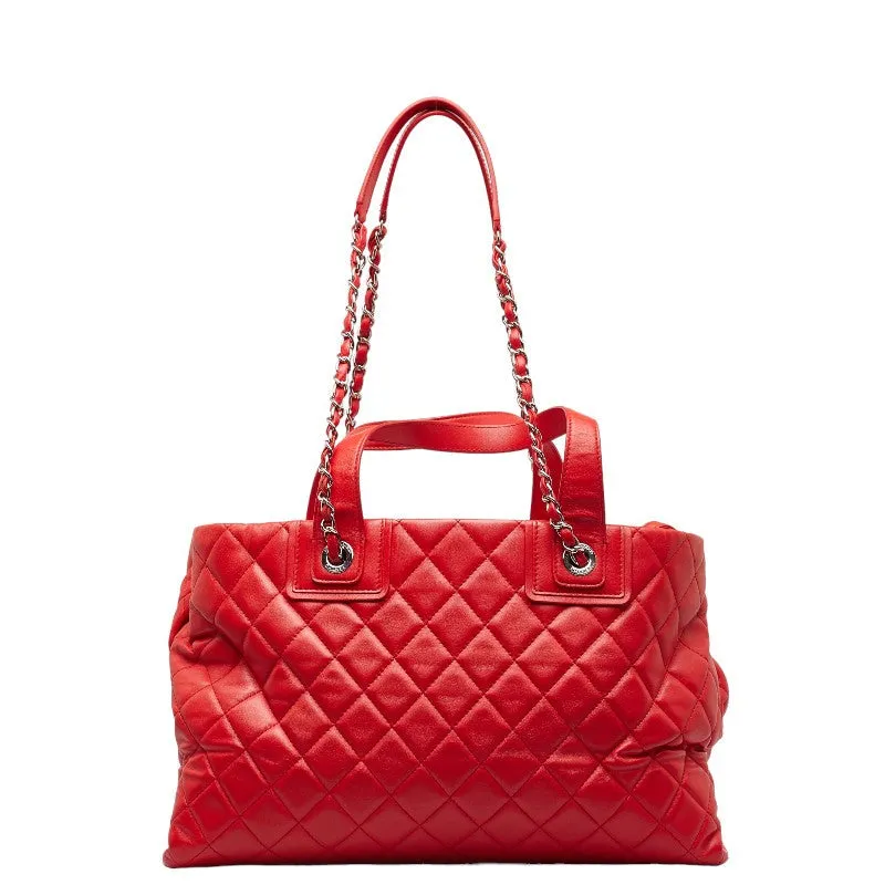 Chanel Coco Chain Matrasse Chain Shoulder Bag Tote Red Silver Leather  Chanel