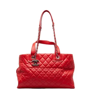 Chanel Coco Chain Matrasse Chain Shoulder Bag Tote Red Silver Leather  Chanel