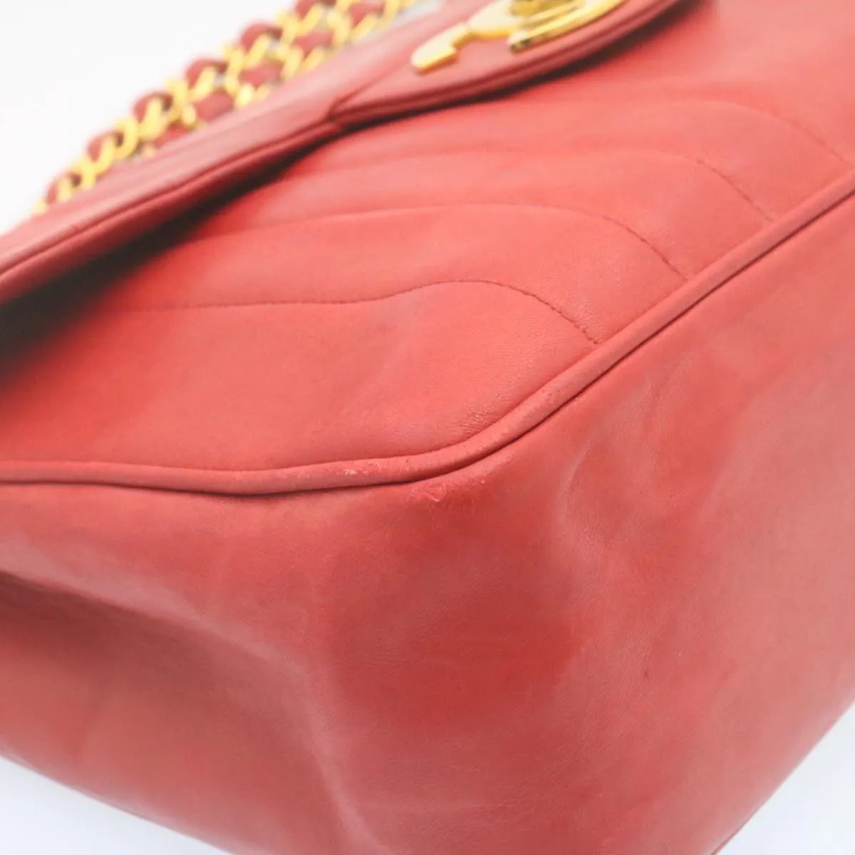 CHANEL Mademoiselle Big Coco Double Chain Shoulder Bag Lamb Skin Red Auth 29129A