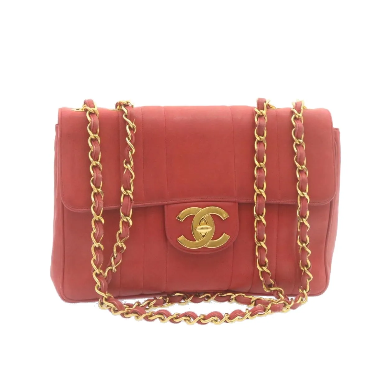CHANEL Mademoiselle Big Coco Double Chain Shoulder Bag Lamb Skin Red Auth 29129A