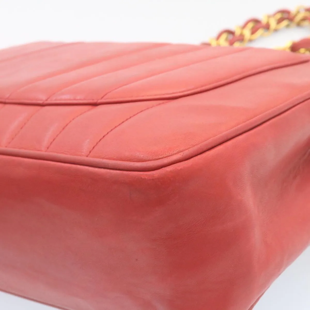 CHANEL Mademoiselle Big Coco Double Chain Shoulder Bag Lamb Skin Red Auth 29129A