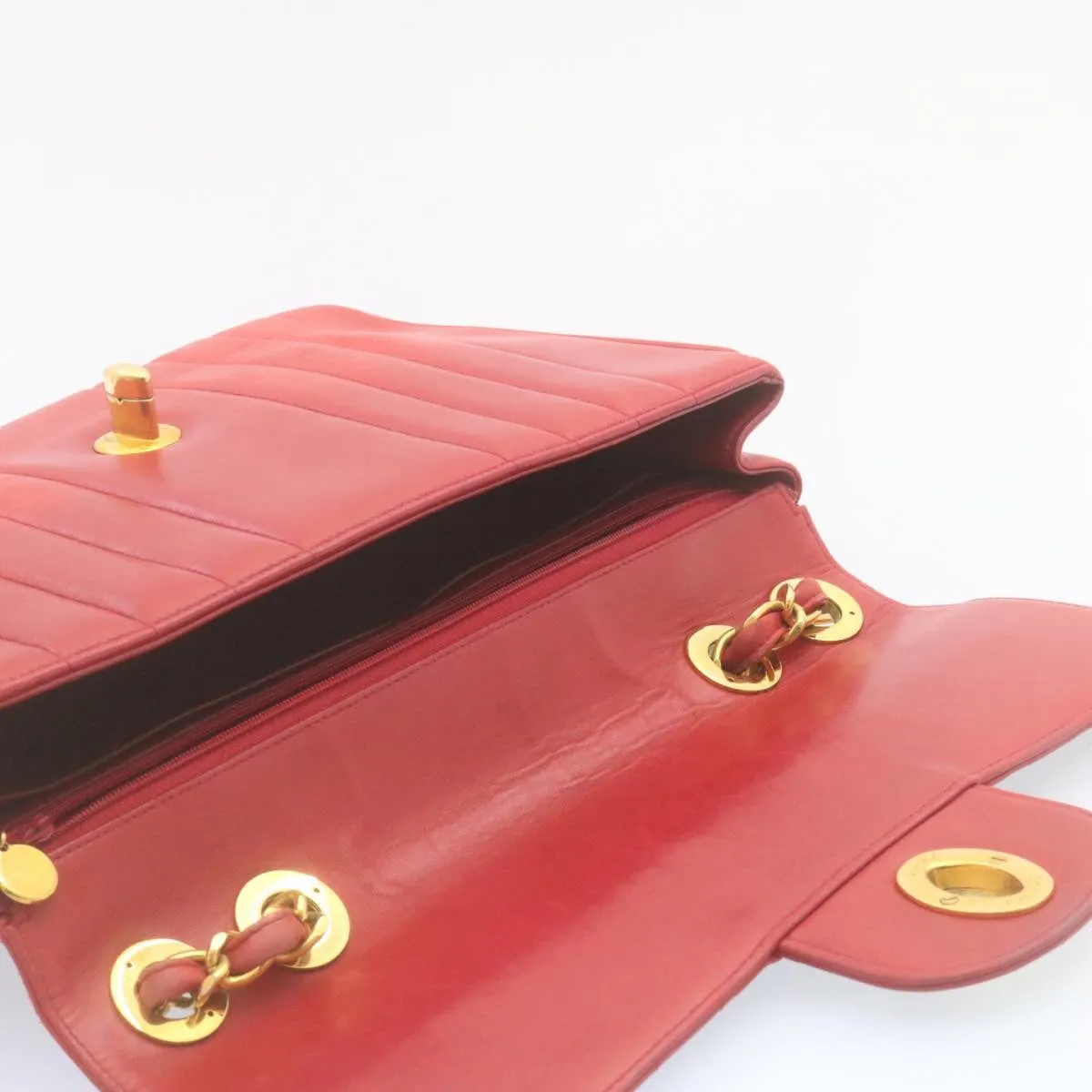 CHANEL Mademoiselle Big Coco Double Chain Shoulder Bag Lamb Skin Red Auth 29129A