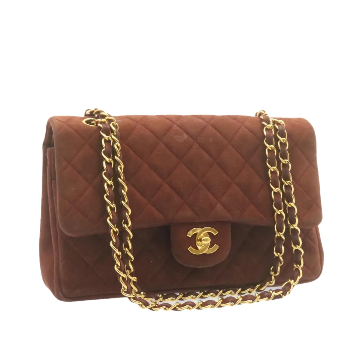 CHANEL Matelasse 25 Double Flap Chain Suede Shoulder Bag Brown CC Auth 22346A