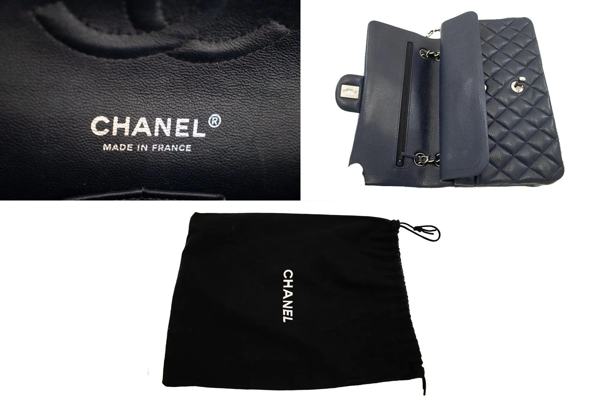 CHANEL Navy Caviar Double Flap Chain Shoulder Bag Quilted Leather j44