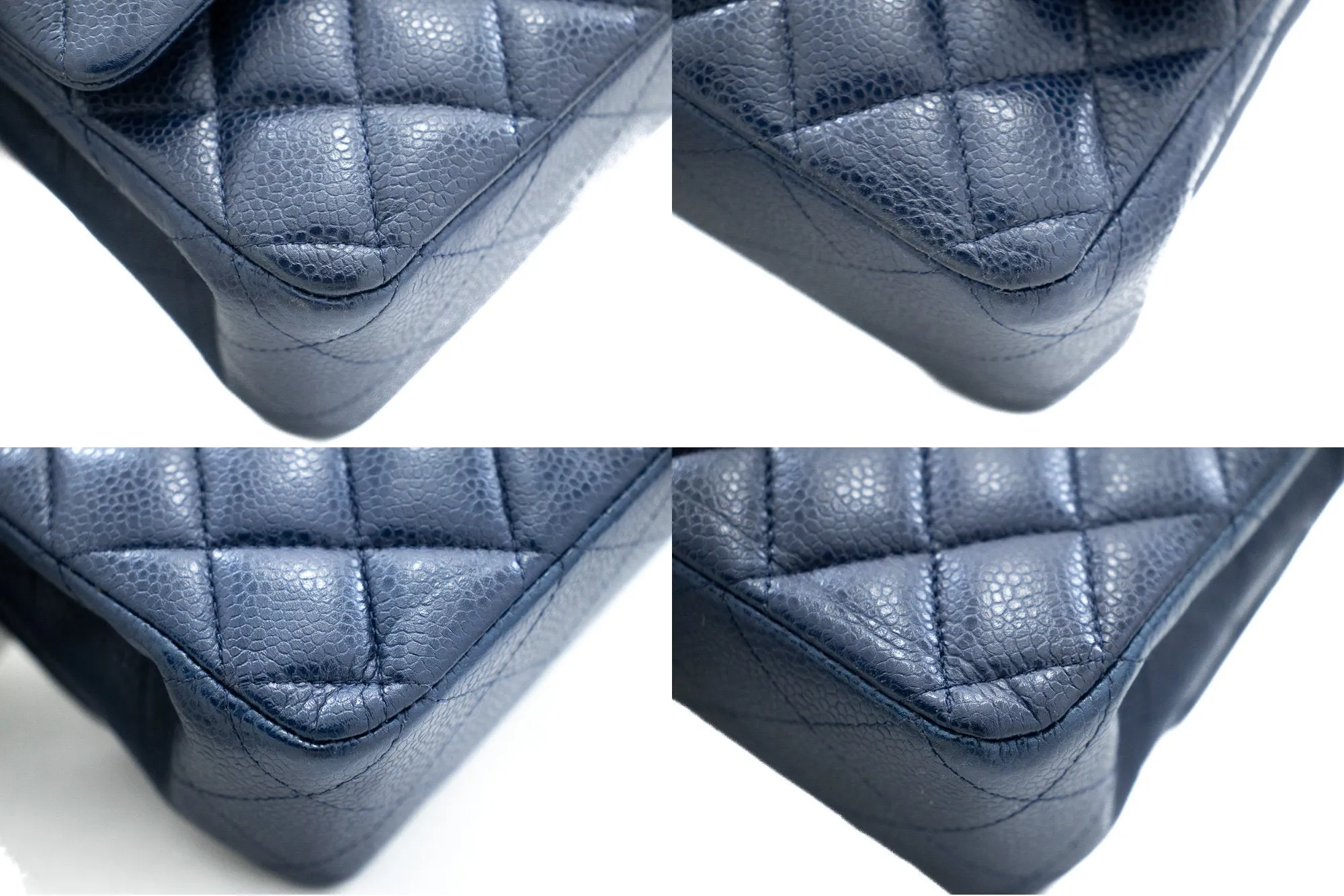 CHANEL Navy Caviar Double Flap Chain Shoulder Bag Quilted Leather j44