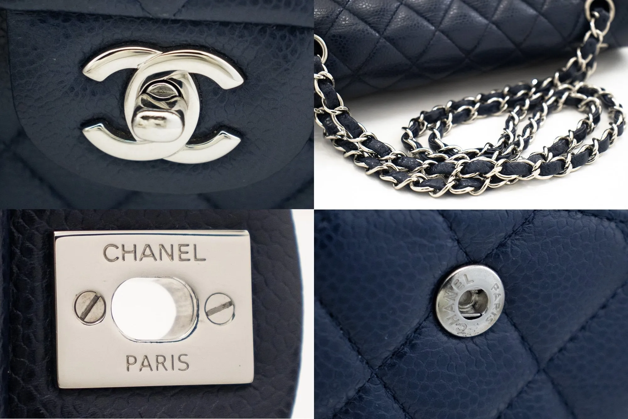 CHANEL Navy Caviar Double Flap Chain Shoulder Bag Quilted Leather j44