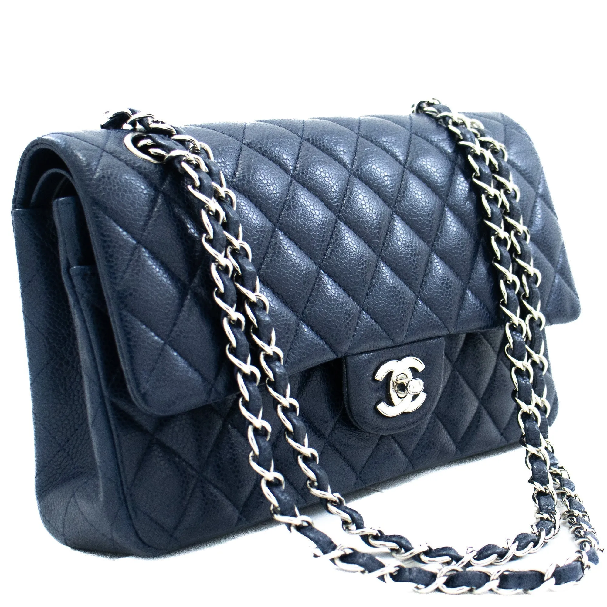 CHANEL Navy Caviar Double Flap Chain Shoulder Bag Quilted Leather j44