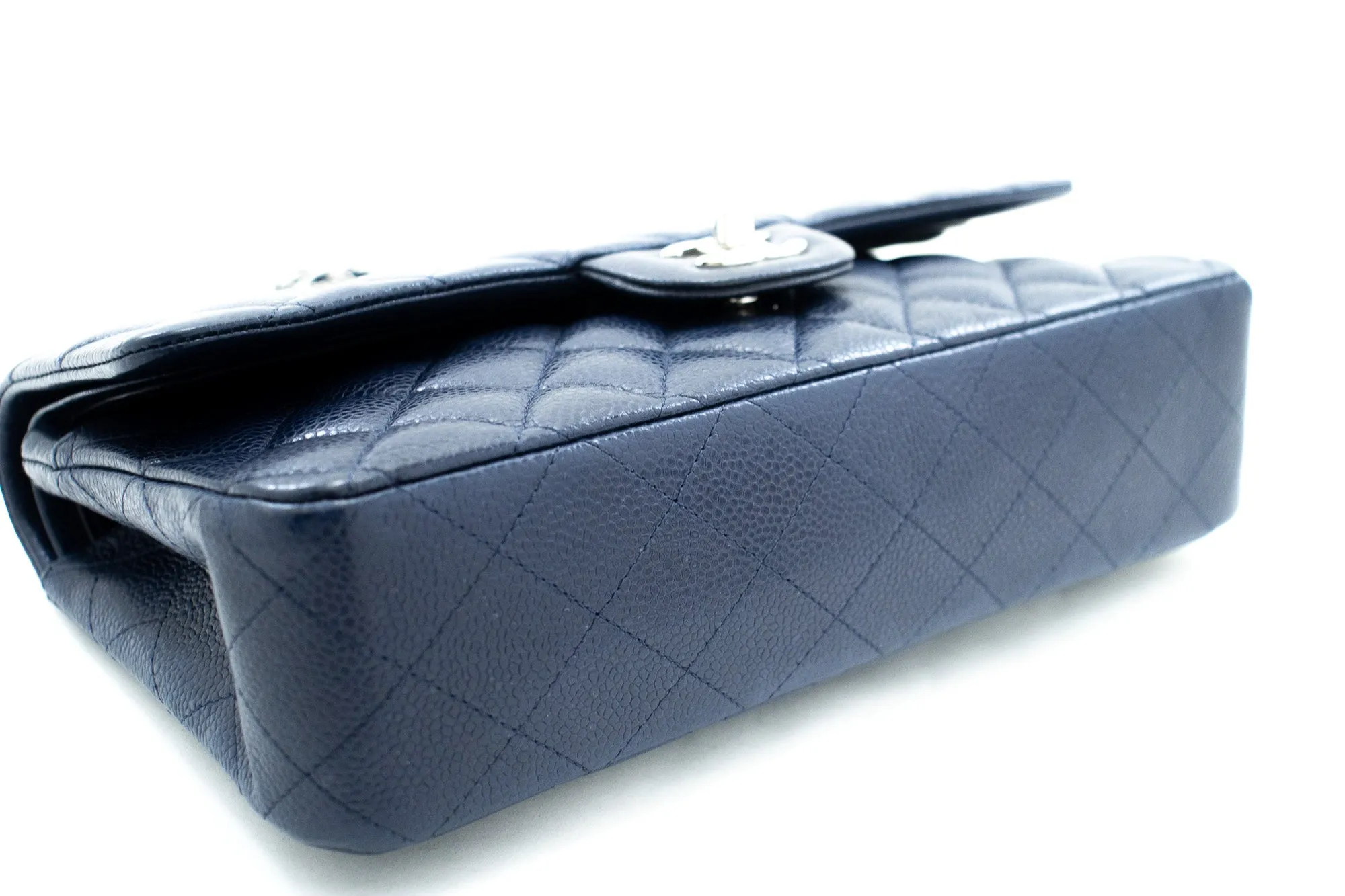 CHANEL Navy Caviar Double Flap Chain Shoulder Bag Quilted Leather j44