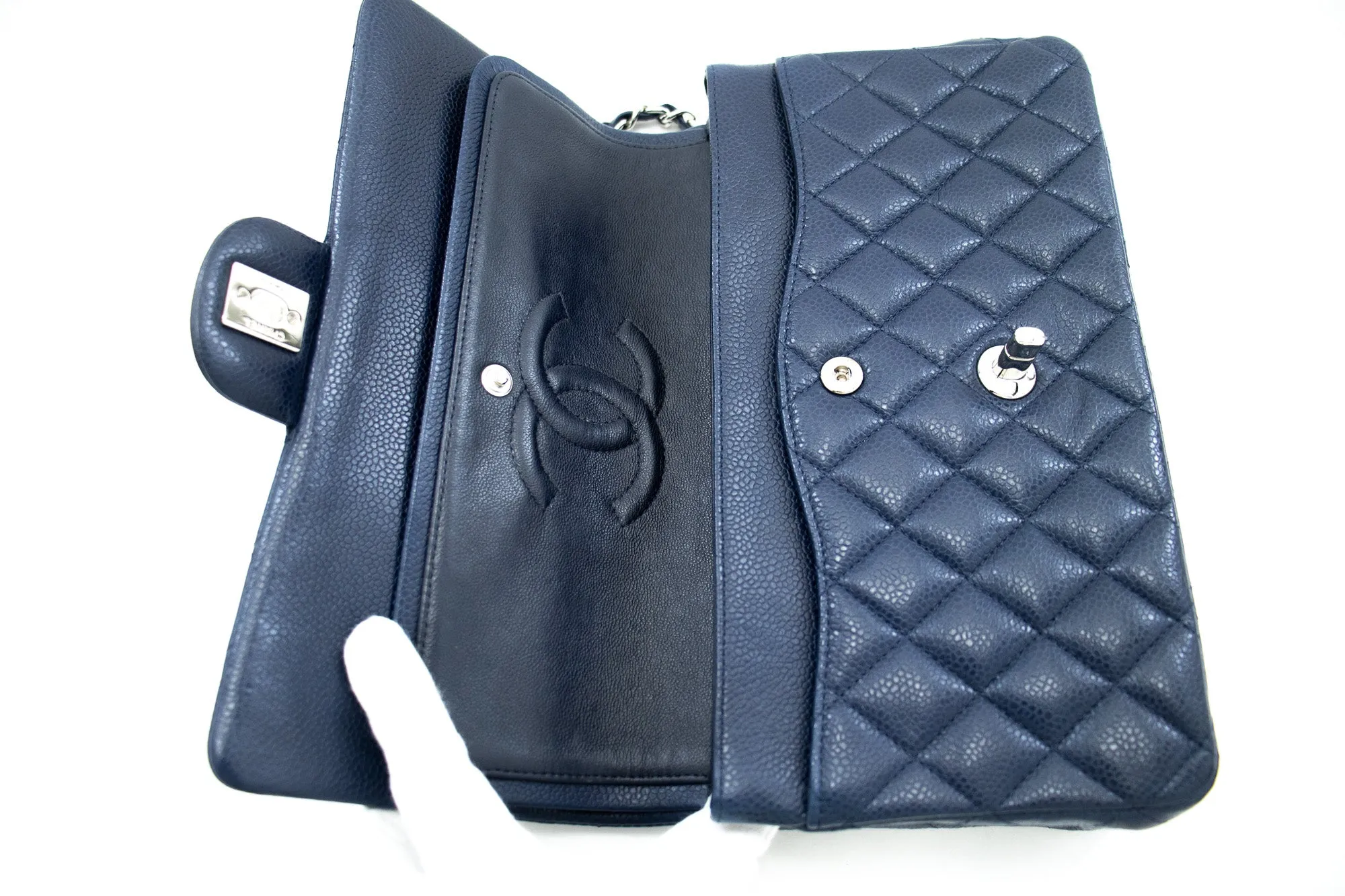 CHANEL Navy Caviar Double Flap Chain Shoulder Bag Quilted Leather j44
