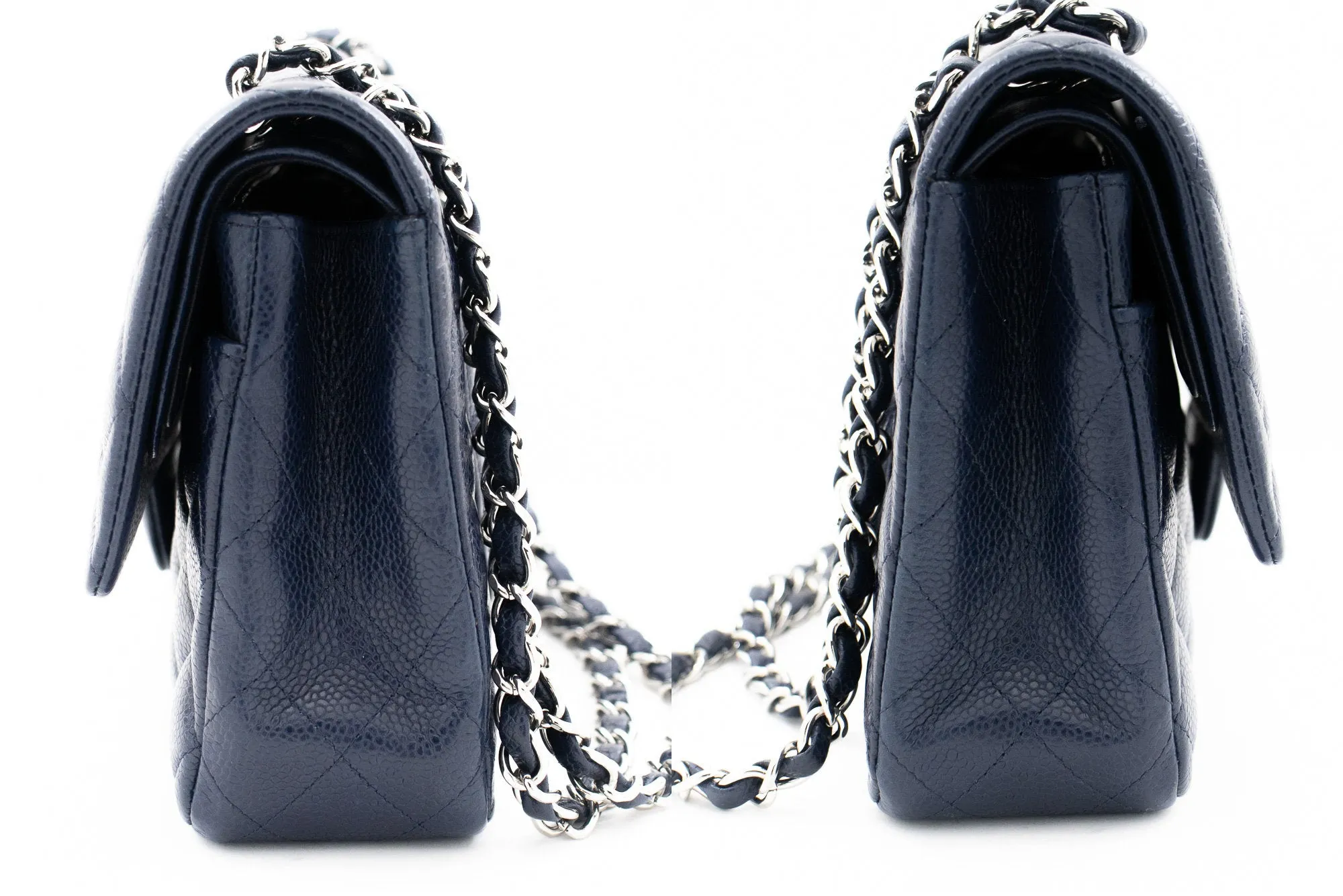 CHANEL Navy Caviar Double Flap Chain Shoulder Bag Quilted Leather j44