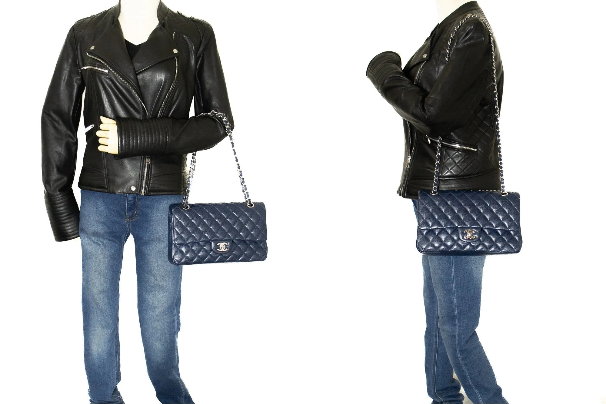CHANEL Navy Caviar Double Flap Chain Shoulder Bag Quilted Leather j44
