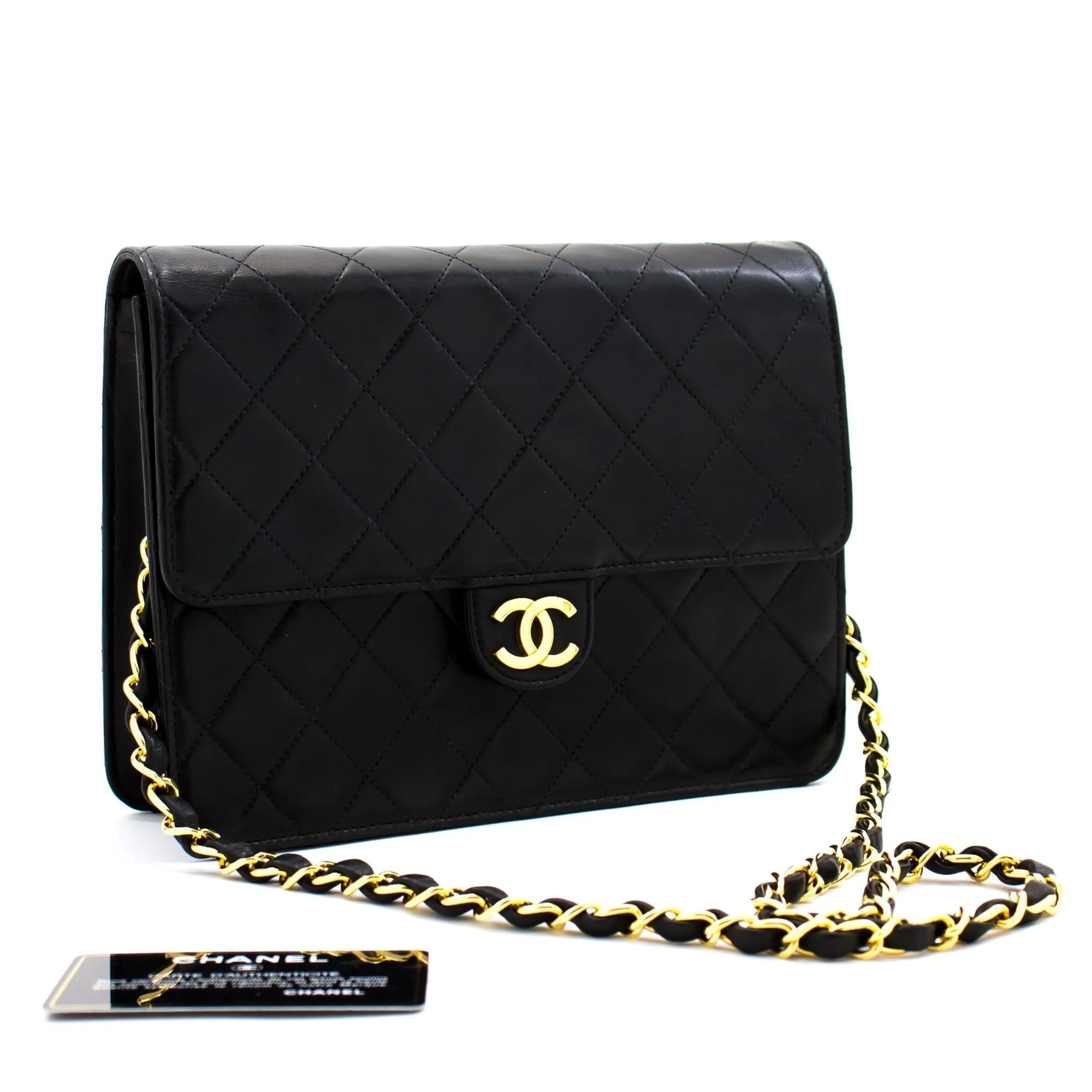 CHANEL Small Chain Shoulder Bag Clutch Black Quilted Flap Lambskin d22