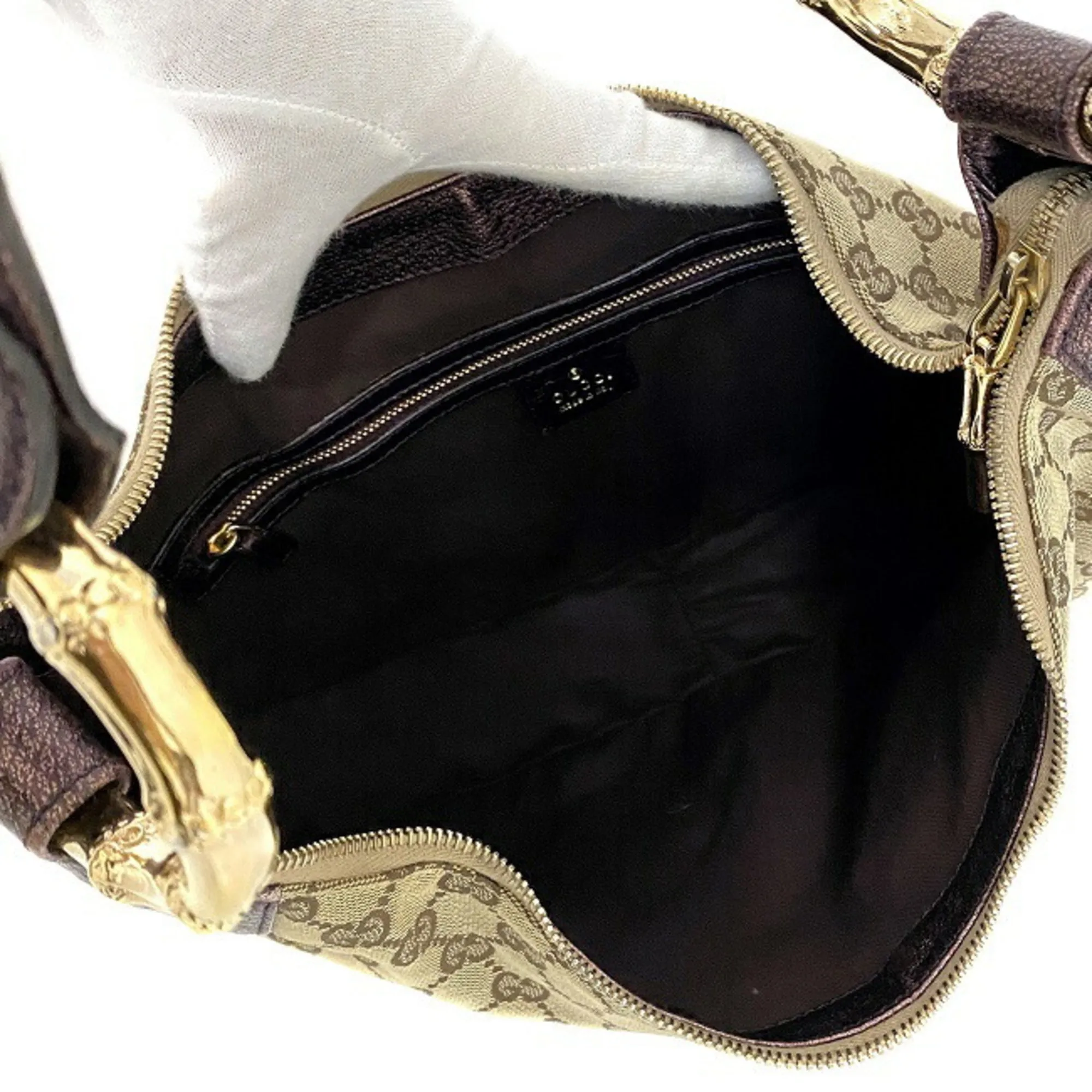Gucci One Shoulder Bag Beige Purple Gold GG 131038 Bamboo Canvas Leather GUCCI Handbag Metallic Motif Dark