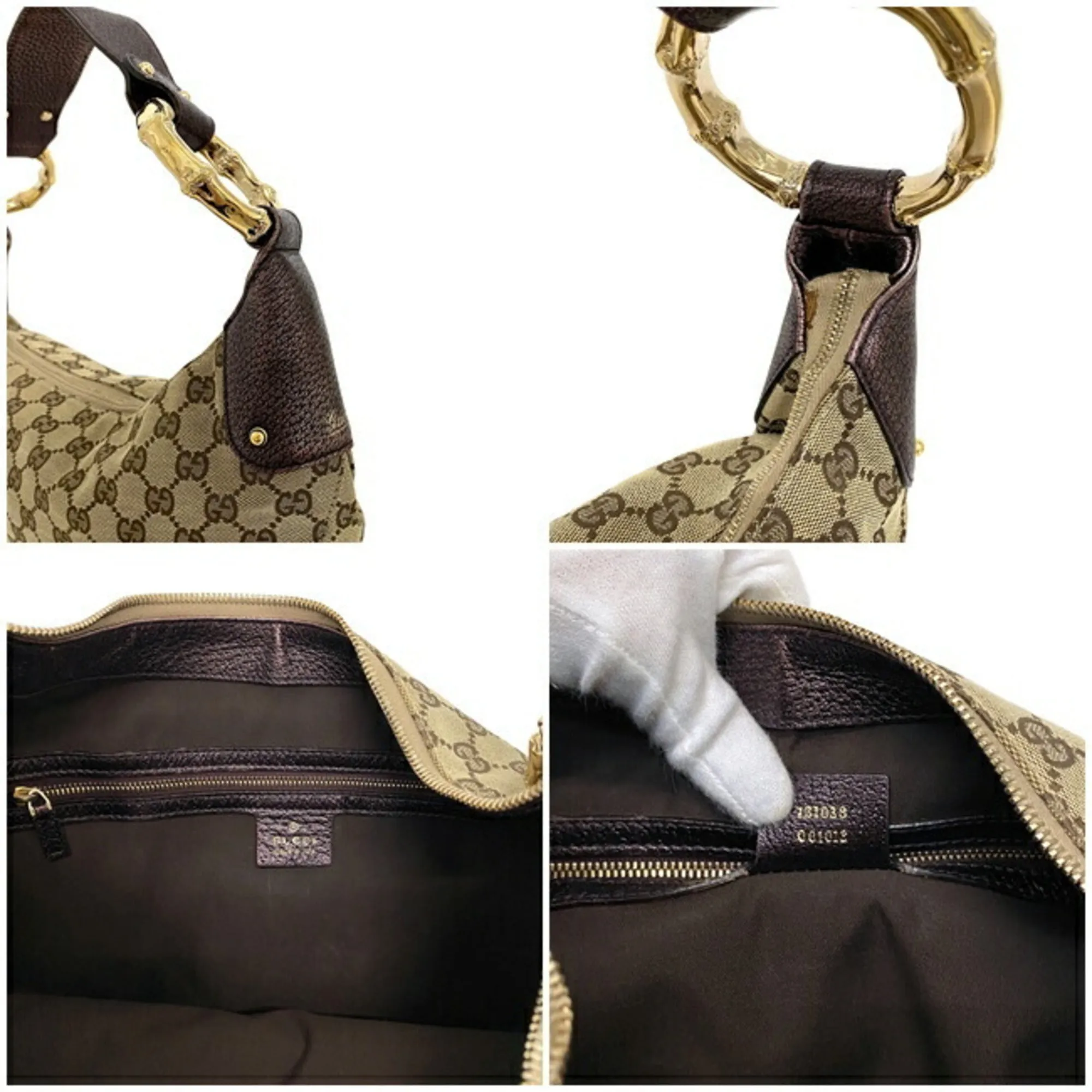 Gucci One Shoulder Bag Beige Purple Gold GG 131038 Bamboo Canvas Leather GUCCI Handbag Metallic Motif Dark
