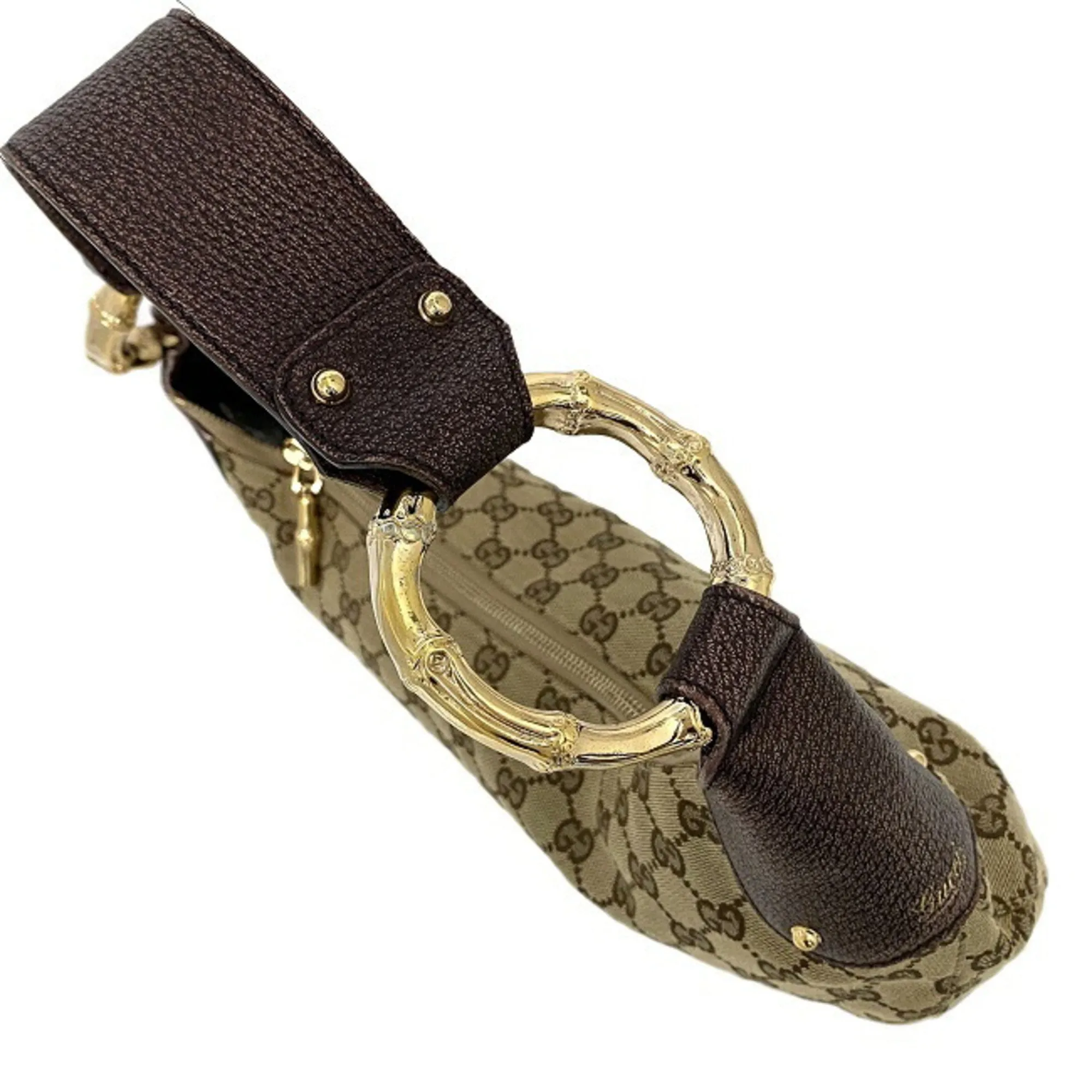 Gucci One Shoulder Bag Beige Purple Gold GG 131038 Bamboo Canvas Leather GUCCI Handbag Metallic Motif Dark