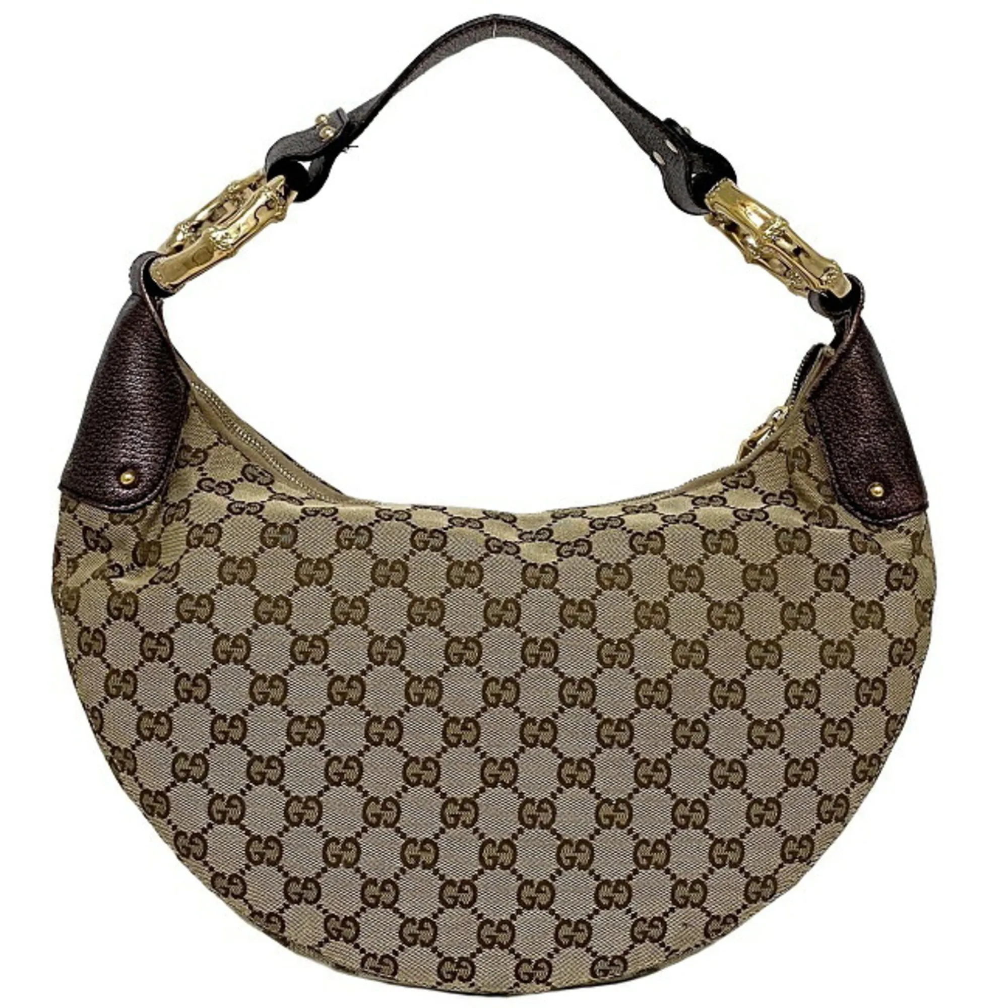 Gucci One Shoulder Bag Beige Purple Gold GG 131038 Bamboo Canvas Leather GUCCI Handbag Metallic Motif Dark