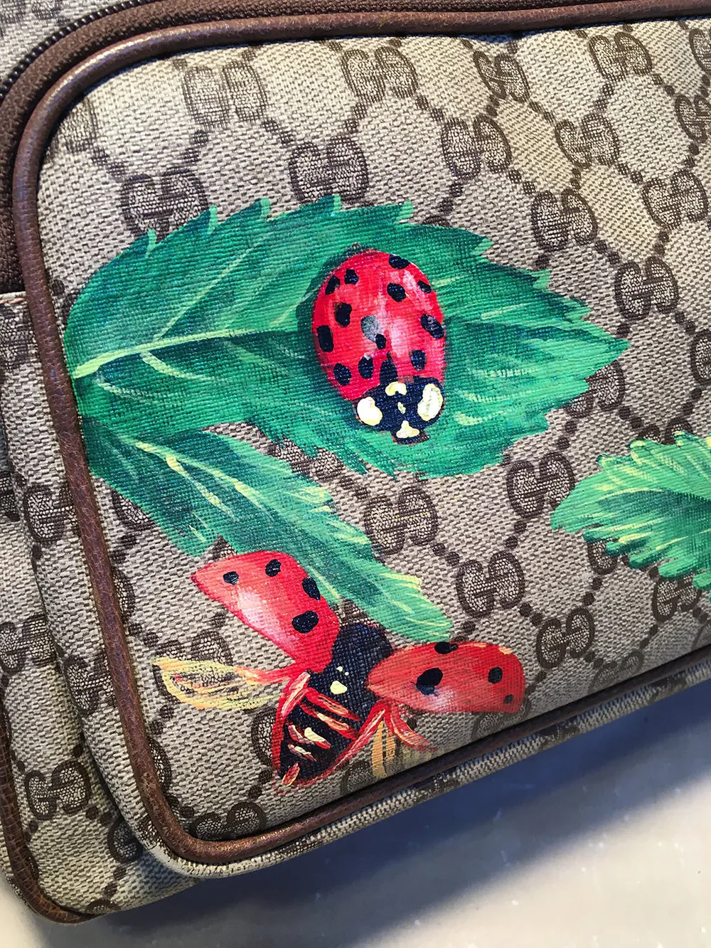 Gucci Vintage Monogram Hand Painted Ladybug Reporter Messenger Shoulder Bag