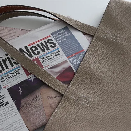 Luxury High-end Pebbled Full Grain Leather Double-Sided Two Tone Tote Bag, Real Genuine Leather Minimalist Oversized Handbag for Everyday & Travel